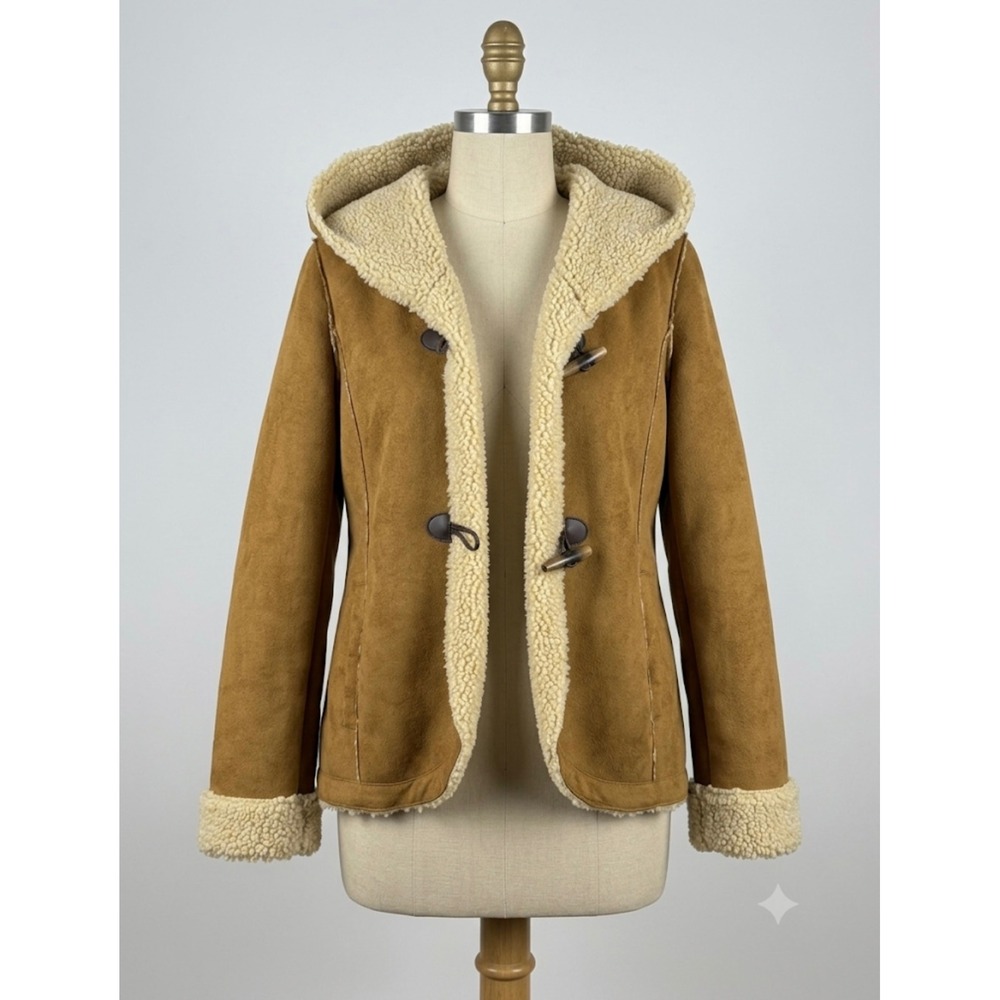Chelsea & Theodore S Faux Suede Shearling Hooded Toggle Coat Tan Brown Womens